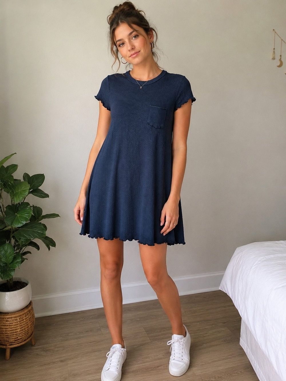 BDG Navy Ribbed Mini Swing Dress with Pocket